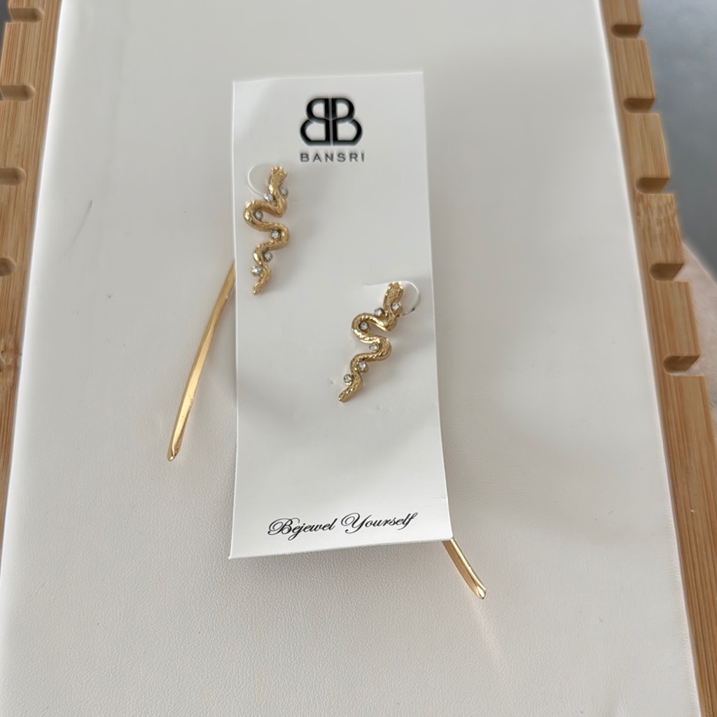Bansri Nwt Gold Snake With Crystals Asymmetrical Minimalist Earrings